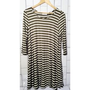 EVERLY Striped A-Line Mini Dress 3/4 Sleeve  Crew Neck Soft Knit